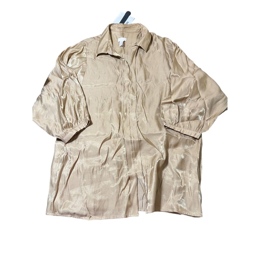 Chico's Shimmery Gold Button Down Blouse 3/4 Sleeves V Neck Size 2 L/12